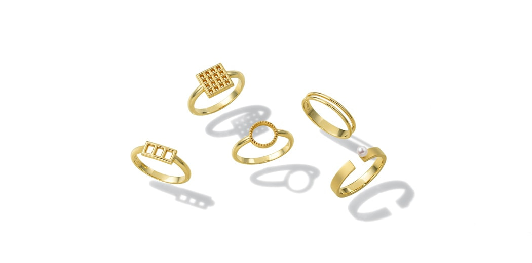 カタチ=図形をモチーフにした18K(18金)イエローゴールドのリング