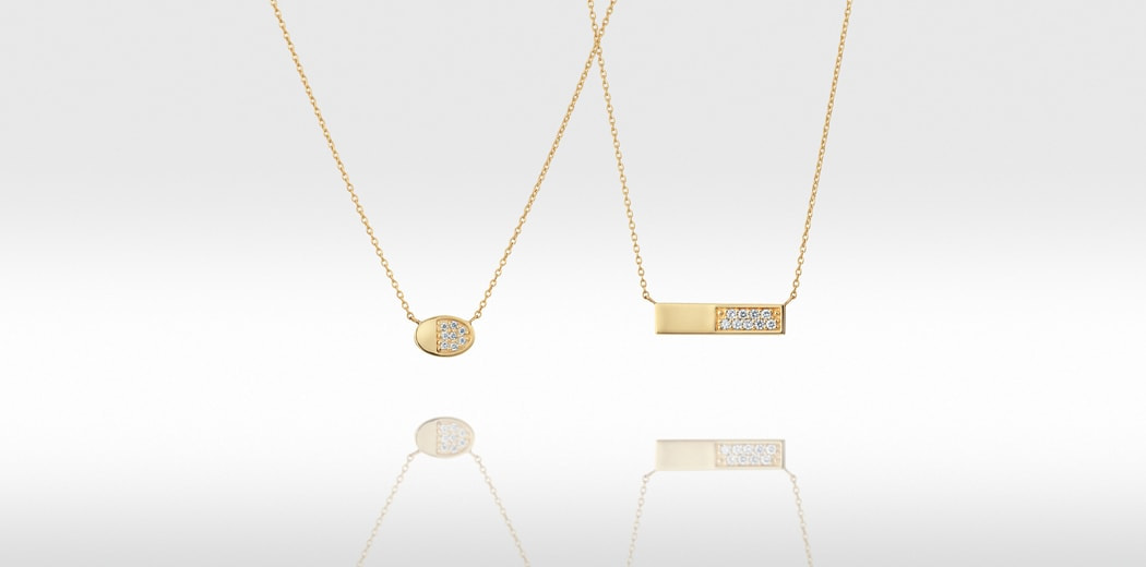 カタチ=図形をモチーフにした18K(18金)イエローゴールドのダイヤモンドパヴエネックレス